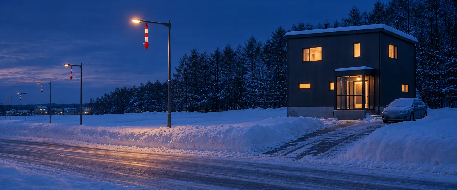 除雪された道路沿いに建つ、無落雪屋根の北海道の住宅の冬の夕景